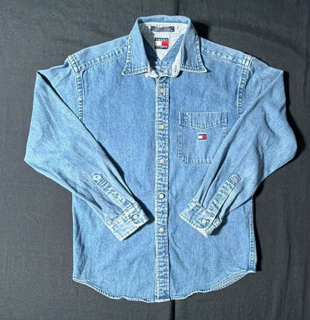 Vintage Tommy Hilfiger 90s  Flag Logo Denim Long Sleeve Button Down Youth Shirt